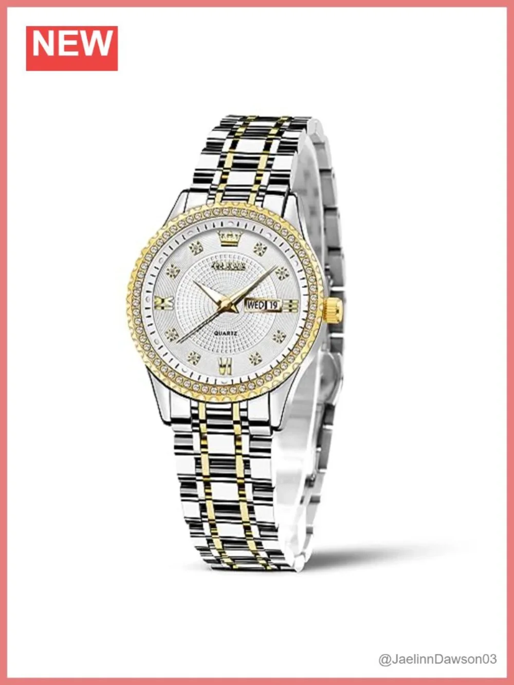 Women's Two-Tone Stainless Steel Quartz Watch with Day Date Crystal Accents